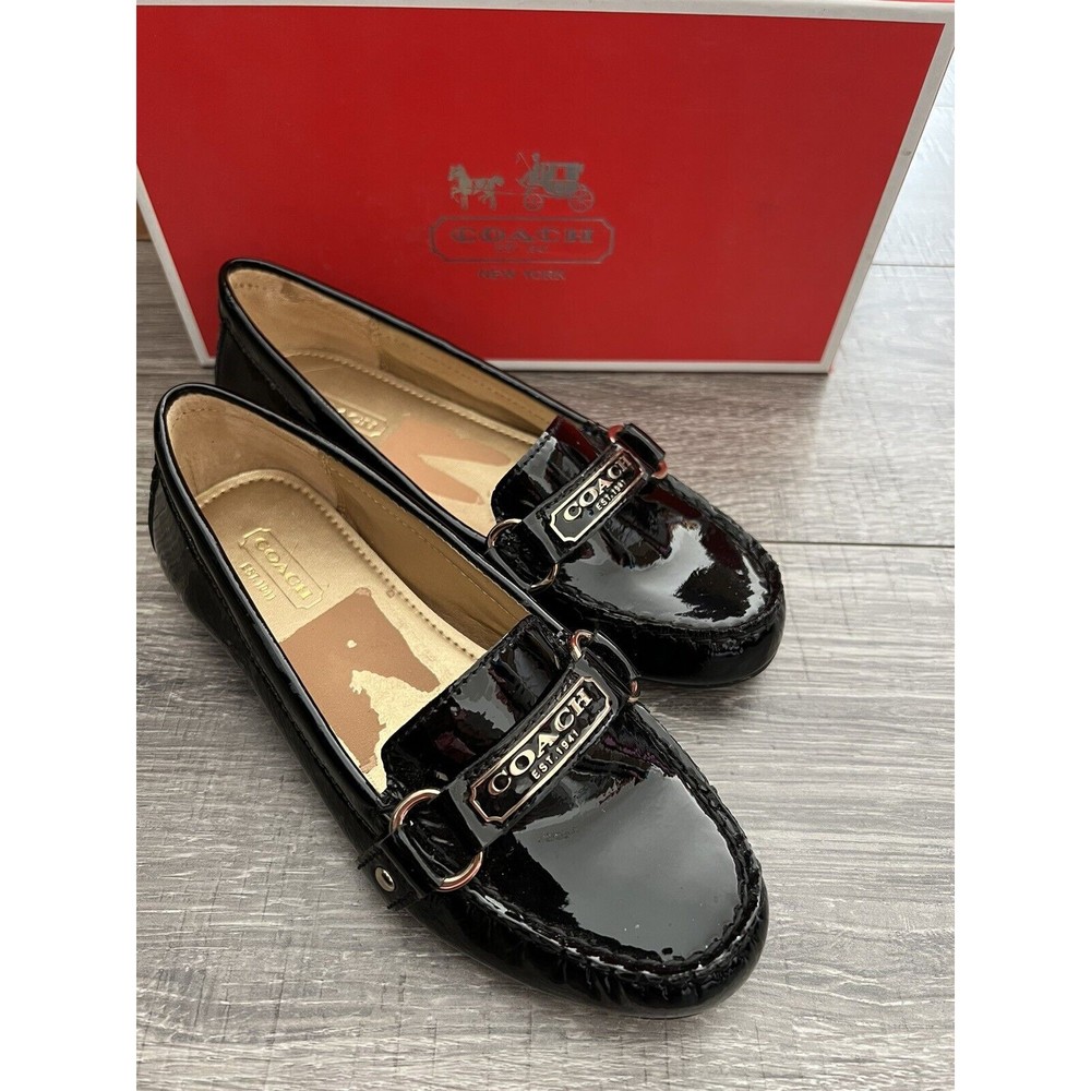 Coach Faye A4586 Flats sz 5 Black Patent Driving Shoe Brand Name Plate Gold Hdwr